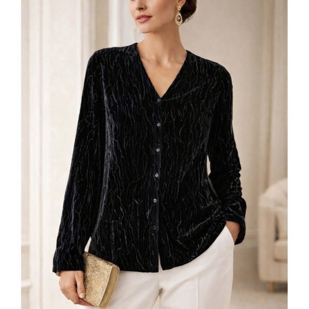 Jones NY Whimsigoth Burnout Velvet Shirt Women Size 8 Black Silk Blend Button Up